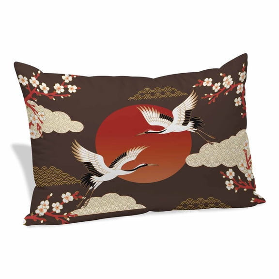 Japanese Style Pillow Covers 24"x36", Modern Cranes Cherry Flower Wave Brown Soft Brushed Microfiber Breathable Throw Pillow Covers, Decorative Pillowcase with Zipper for Couch Sofa Bedroom