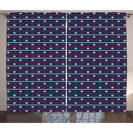 Navy Blue Curtains 2 Panels Set Horizontal Borders With Nautical