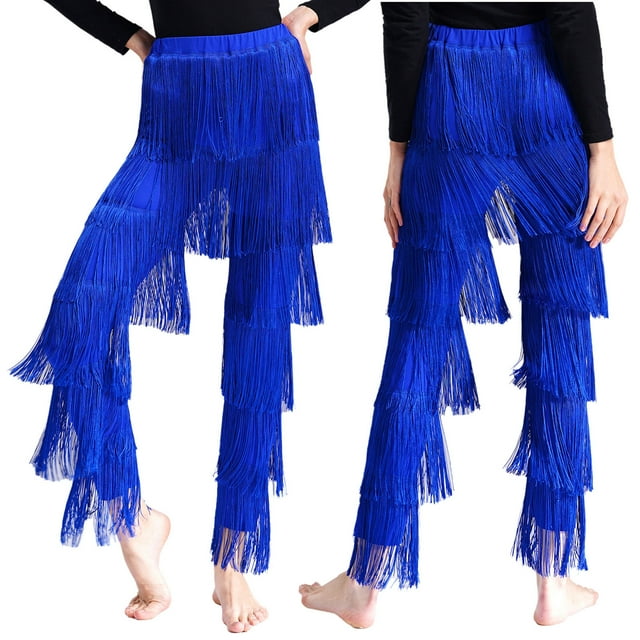 TiaoBug Womens Tassels Latin Dance Pants Ballroom Rumba Tango Salsa Practice Performance Pants Royal Blue XXL
