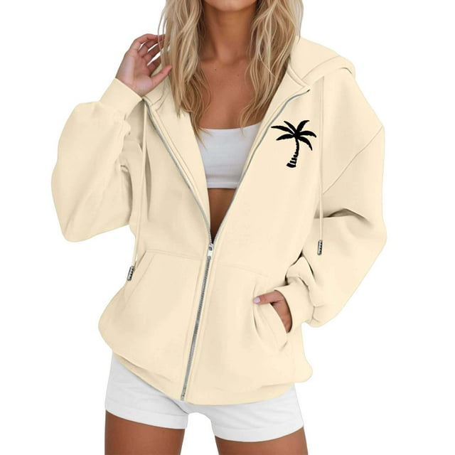 Aocisk Veste à Capuche Zippée pour Femmes à Motif d'Arbre, Décontractée, à Manches Longues, avec Cordon de Serrage, Beige, M