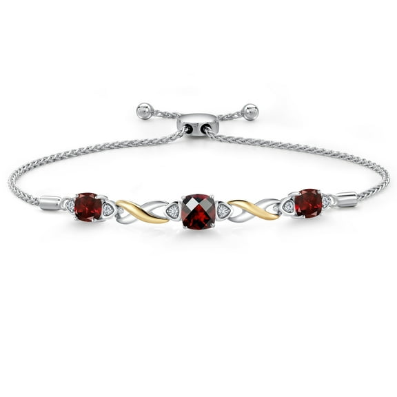 Gem Stone King 925 Silver and 10K Yellow Gold Red Garnet and White Lab Grown Diamond Bracelet for Women | 2.64 Cttw | Gemstone January Birthstone | Cushion Checkerboard 6MM | Fully Adjustable 9 inch