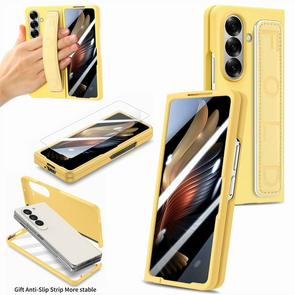 for Samsung Galaxy Z Fold 7 Case with Strap, [Non Slip Silicone Touch] Slim Protective Phone Case with Elastic Finger Wristband, Shockproof PC Cover for Samsung Galaxy Z Fold 7 - Yellow