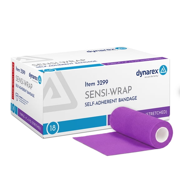Dynarex Sensi-Wrap Self-Adhesive Bandages, 18-Pack, 4" x 5 yards, Purple, Latex, Colored Elastic Cohesive Athletic Tape, Tattoo Grip & Vet Wrap