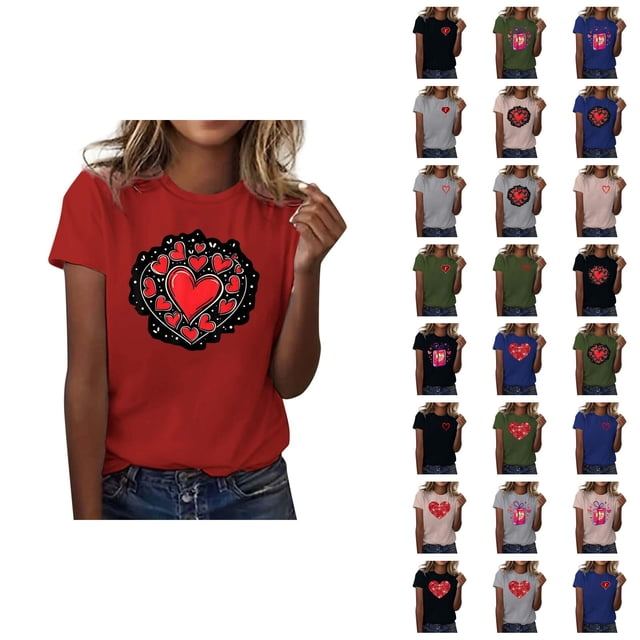 T-shirts de la Saint-Valentin pour Femmes 2026 à la Mode Manches Courtes Col Rond avec Cœur Graphique