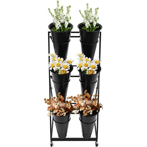 Flower Display Stand with 6 Buckets, 3 Layer Metal Plant Stand Indoor with Wheels, Heavy Duty Moving Flower Cart Flower Rack for Outdoor Patio, Garden, Florist