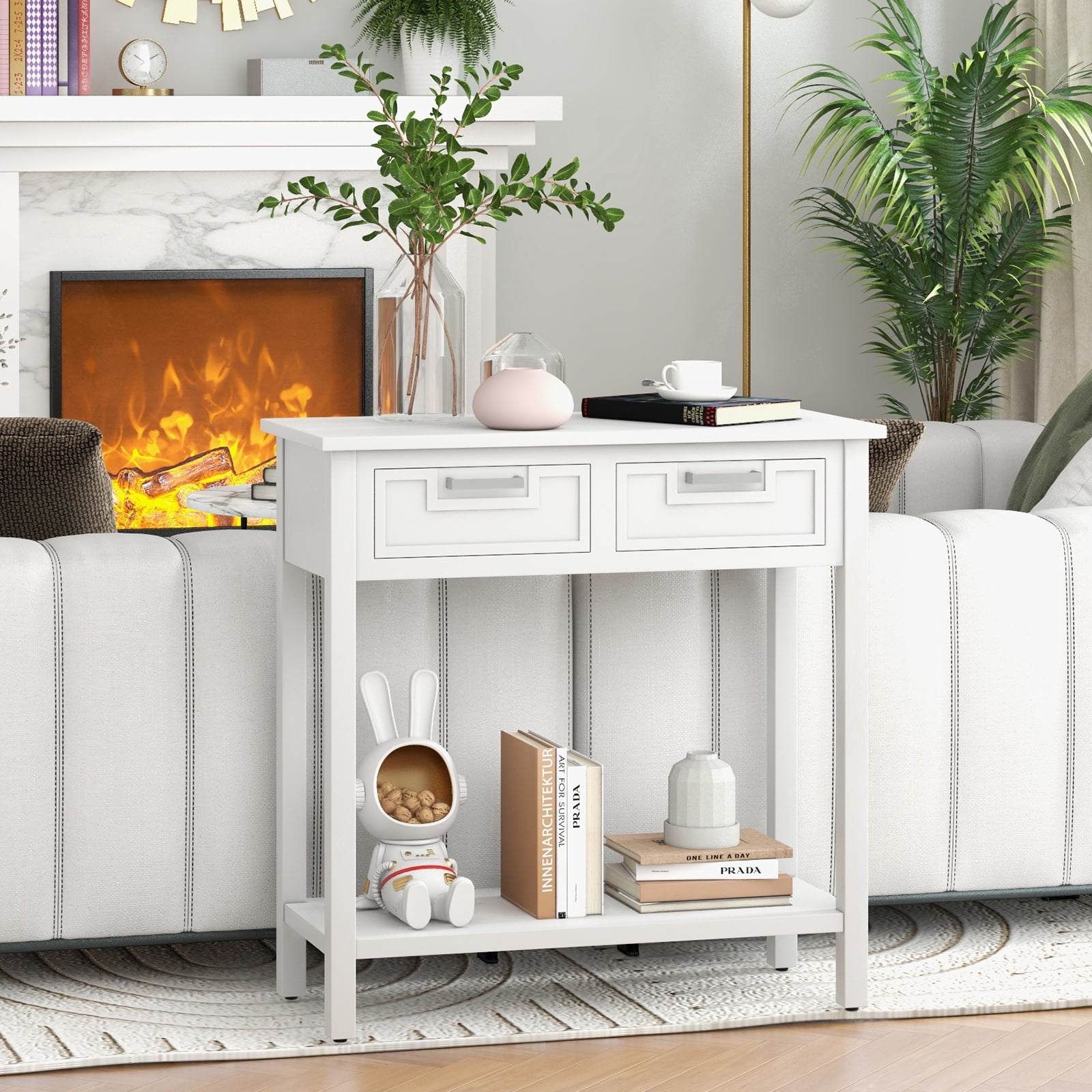 Costway Accent Console Table Entryway Sofa Foyer Table Storage Shelf with 2 Drawers White