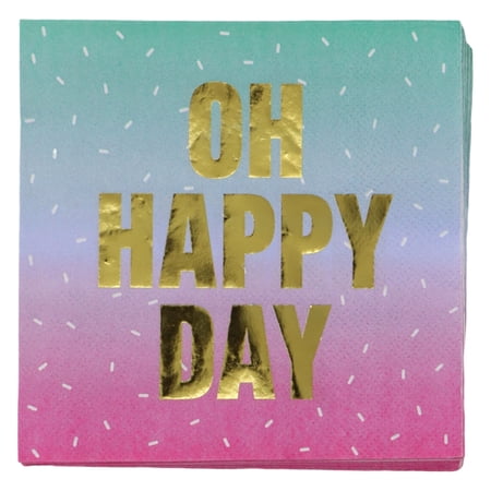 Celebrate It Beverage Napkins Oh Happy Day Gold Foil on Ombre Design Multicolor 4.8 x 4.8 12 Packs (240 Total Count)