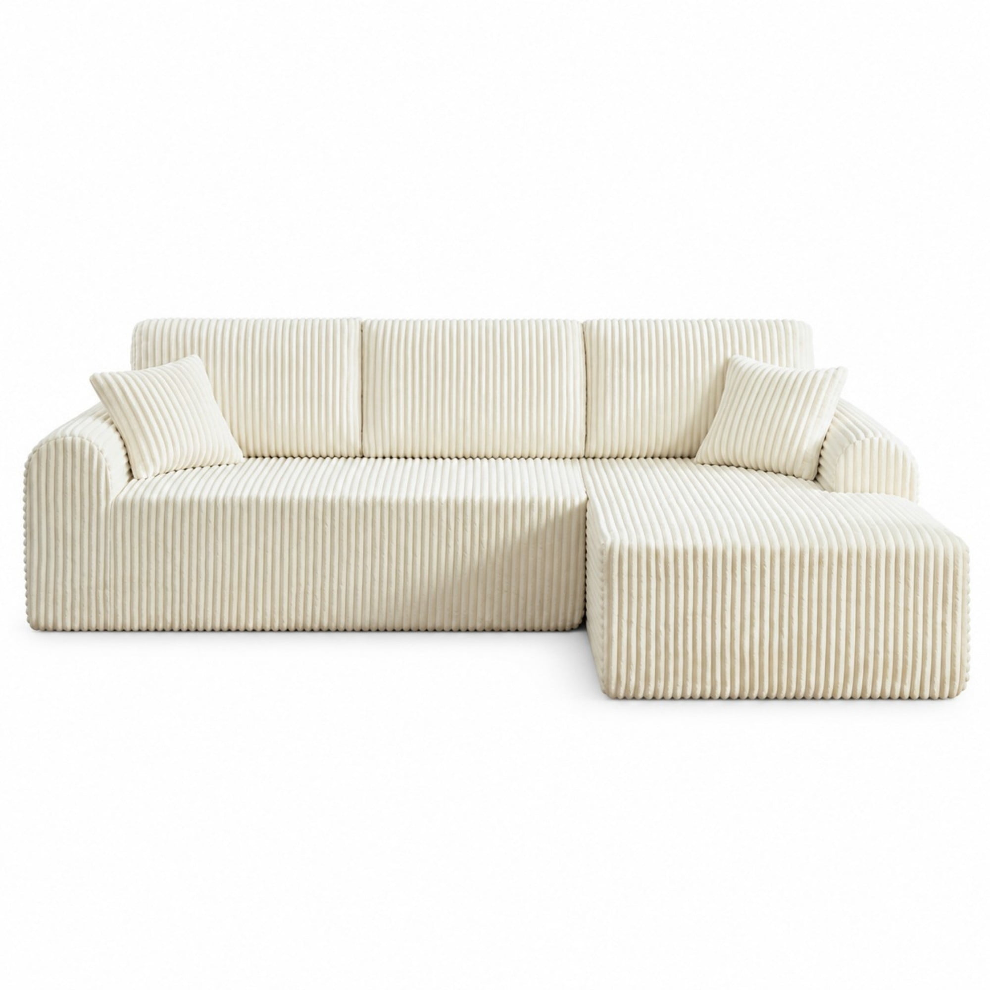 DEALTOPS 109" Corduroy L-Shape Floor Cloud Couch, Deep Seat Modular Sectional Sofa, Right Chaise, White
