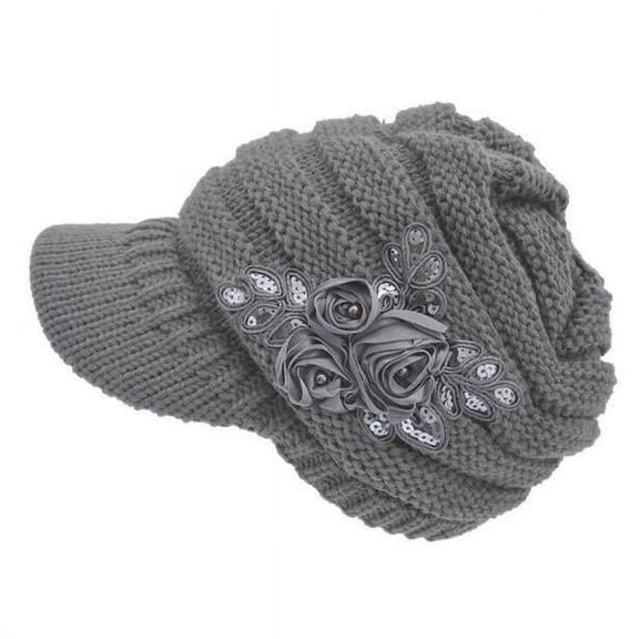 Women's Cable Knit Visor Hat With Flower Accent