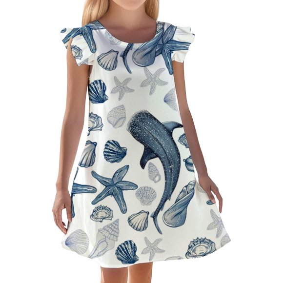 Adorable Ocean Print Girls Summer Nightgown Soft Short Sleeve Loungewear Comfortable Toddler Pajama Dress Playful Casual Sleepwear Design