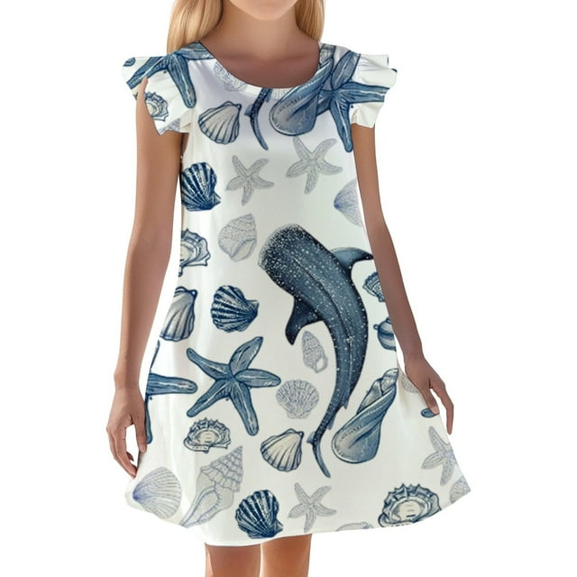 Vêtements de Nuit pour Filles Robe d'Été pour Enfants Imprimé Océan Manches Courtes Chemise de Nuit Décontractée Pyjama Confortable pour Filles 3-10 Ans