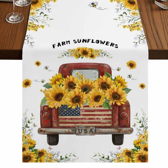 Table Runners 108 Inches Long Dress Scarves, Sunflower Truck Farmhouse Coffee/Dining/Kitchen Table Runner for Living Room, Yellow Flowers Summer Botanical Watercolor 13x108 Inch