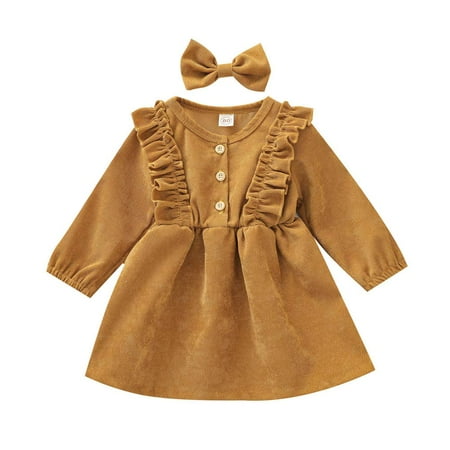 

Dcohmch Toddler Baby Girl Casual Dress Long Sleeve Corduroy Ruffle Fall Winter Tunic Dresses + Hair Clip 6M-5T (Yellow 6-12 Months)