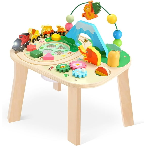 Activity Table for 1 Year Old Toddler, 9-in-1 Multi-Colorful Wooden Montessori Toys, Baby Play Table with Bead Maze Shape Sorter Train Toy, Educational Gifts for 12 Months  Kids Boys Girls