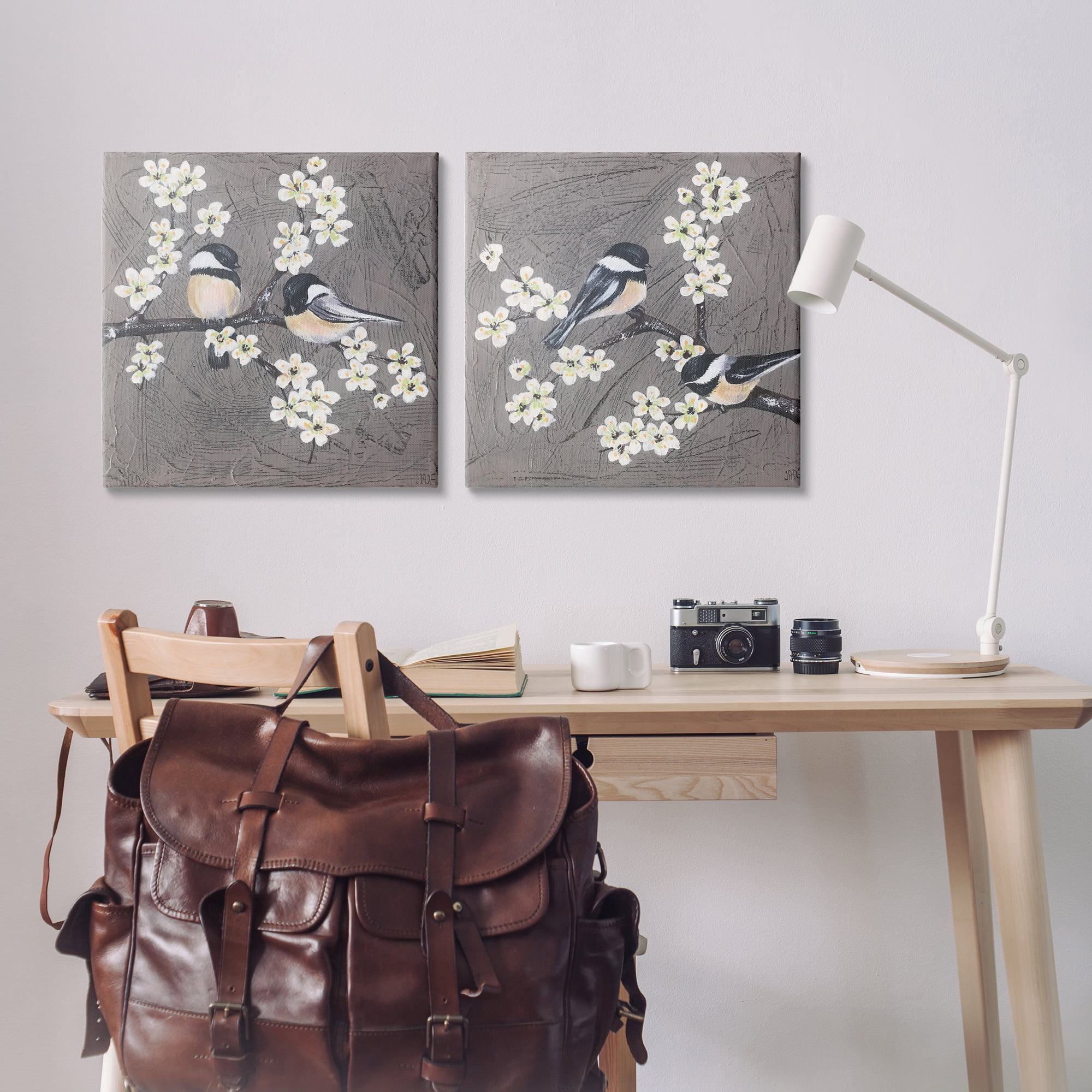Stupell Industries Chickadee Birds Flowering Branch Animals Painting Wrapped Canvas Art Print Wall Art, 24 x 24, Set of 2
