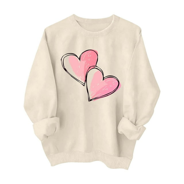 Ltctricy Chandails pour Femmes Col Rond Manches Longues Imprimé Cœur Chandail Chandail Hauts Graphiques de la Saint-Valentin (Beige, Moyen)