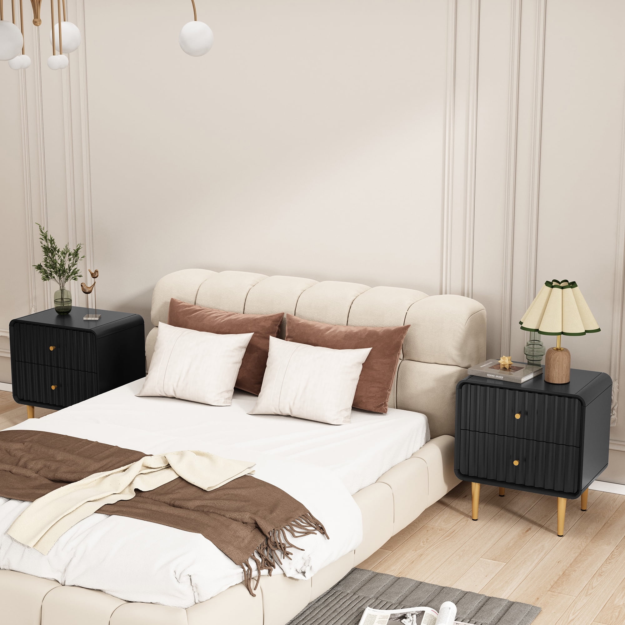HLR Modern Fluted Wood Nightstand Set of 2 with 2 Drawers, Bedroom Black Bed SideTable with Storage