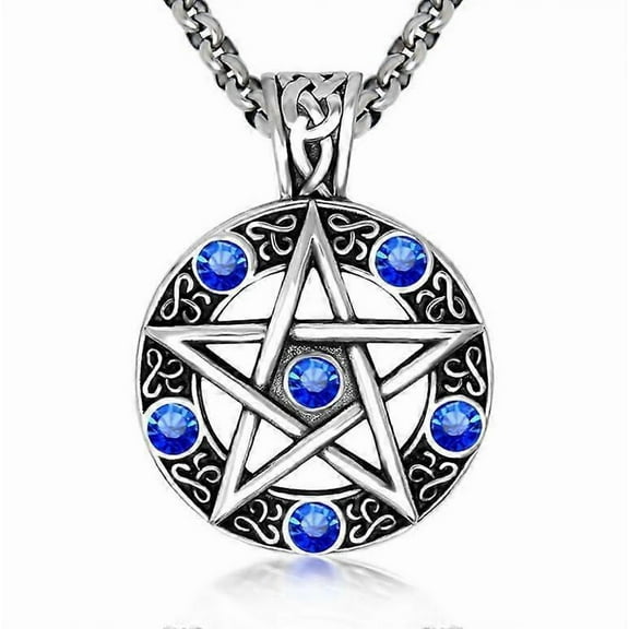 Stainless Steel Pentagram Pendant Necklace High Polished Blue Crystal Pentacle Charm Amulet Pendant Necklace For Men Women