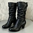 thumbnail image 4 of Xfvqtps Slouchy Mid Calf Boots for Women Side Zipper Buckle Strap Chunky Low Heel Almond Toe Faux Leather Tall Boots, 4 of 6