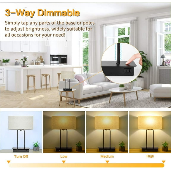 3-Way Dimmable Touch Control Table with 2 USB Ports and AC Outlet, LED Bulb Included, Modern Bedside Nightstand