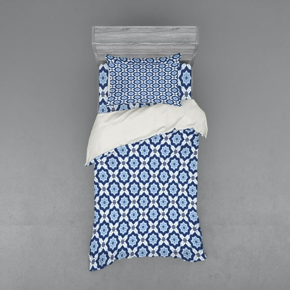 Ambesonne Moroccan Bedding Set 3 Pcs, Floral Detail, Twin, Turquoise Dark Blue