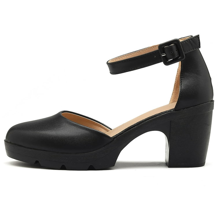 DADAWEN Women's Closed Toe Chunky Mid Heels Ankle Strap