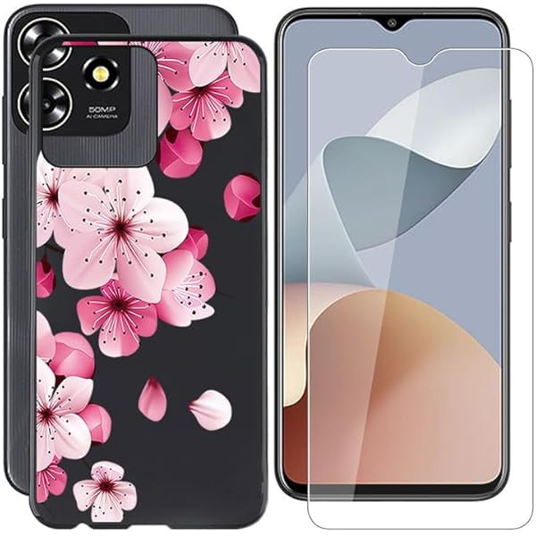 wonima11 Tempered Glass Film + Cover for ZTE Axon 50 Lite 8050 (6.60"), 9H Hardness Screen Protector and Soft Silicone Case Bumper Shell Black Protective TPU Cases - Peach Blossom