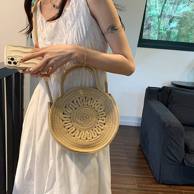 Bolso de mano para mujer, bolso de mano de verano de paja calado, bolso de mano grande tejido para playa (caqui) Likrtyny Para Estrenar
