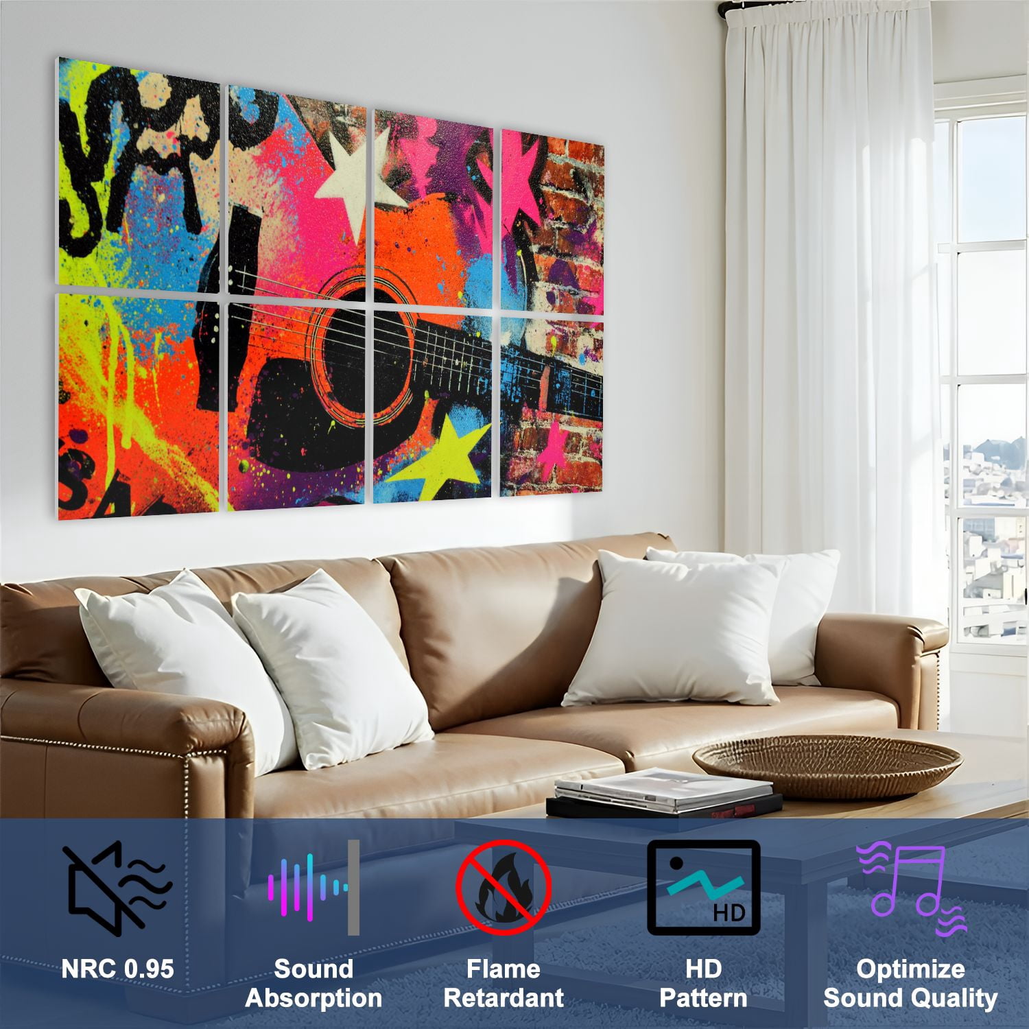 8 Pack Art Acoustic Panels Sound Absorbing Graffiti Guitar Vintage Music Themed Acoustic Guitar Musical Notes Decorative Soundproof Wall Panels Self Adhesive for Nursery Game Room Bedroom 48"x32"