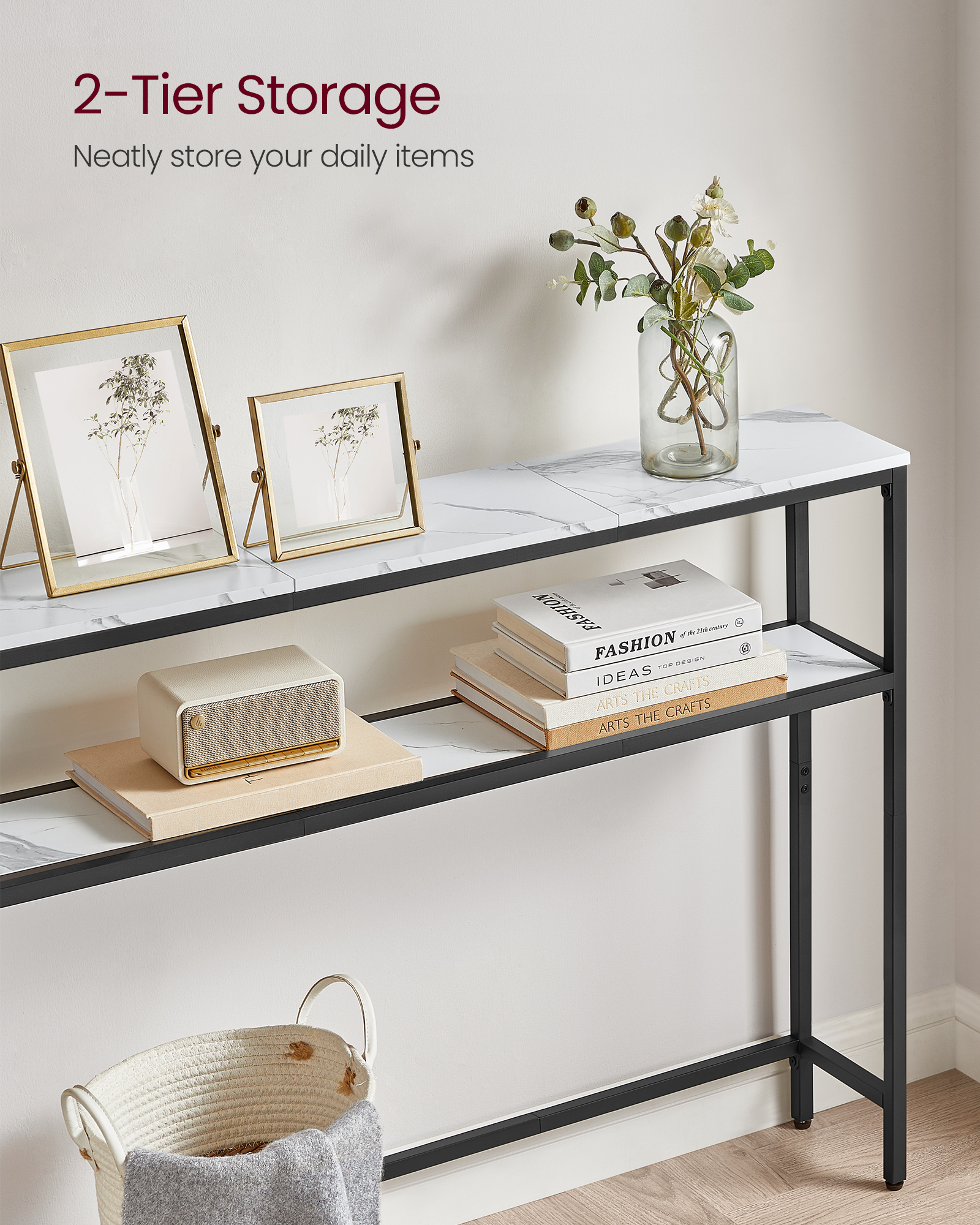 2-Tier Narrow Console Table with Marble White Top, 39.4 Inch Sofa Table for Entryway Living Room, Black Frame