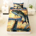 thumbnail image 3 of Castle Fairy Retro Lake Bass Print Twin Sheets 3pcs,Jumping Fish Pine Sunset Landscape Art Bedding,Orange Navy,1 Fitted Sheet,1 Flat Sheet and 1 Pillowcase, 3 of 6