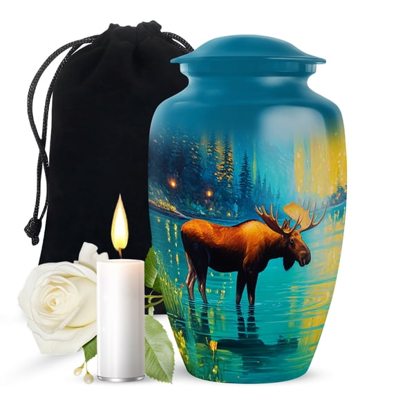 JAGASY Moose Funeral Urn for Ashes for Women, Blue Large Urns for Human Ashes, Forest Decorative Urns for Couple, Lake Water Cremation Urn for Husband & Wife, (10 Inch)