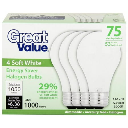 Great Value 53W Halogen A19 Light Bulb, White, 4pk