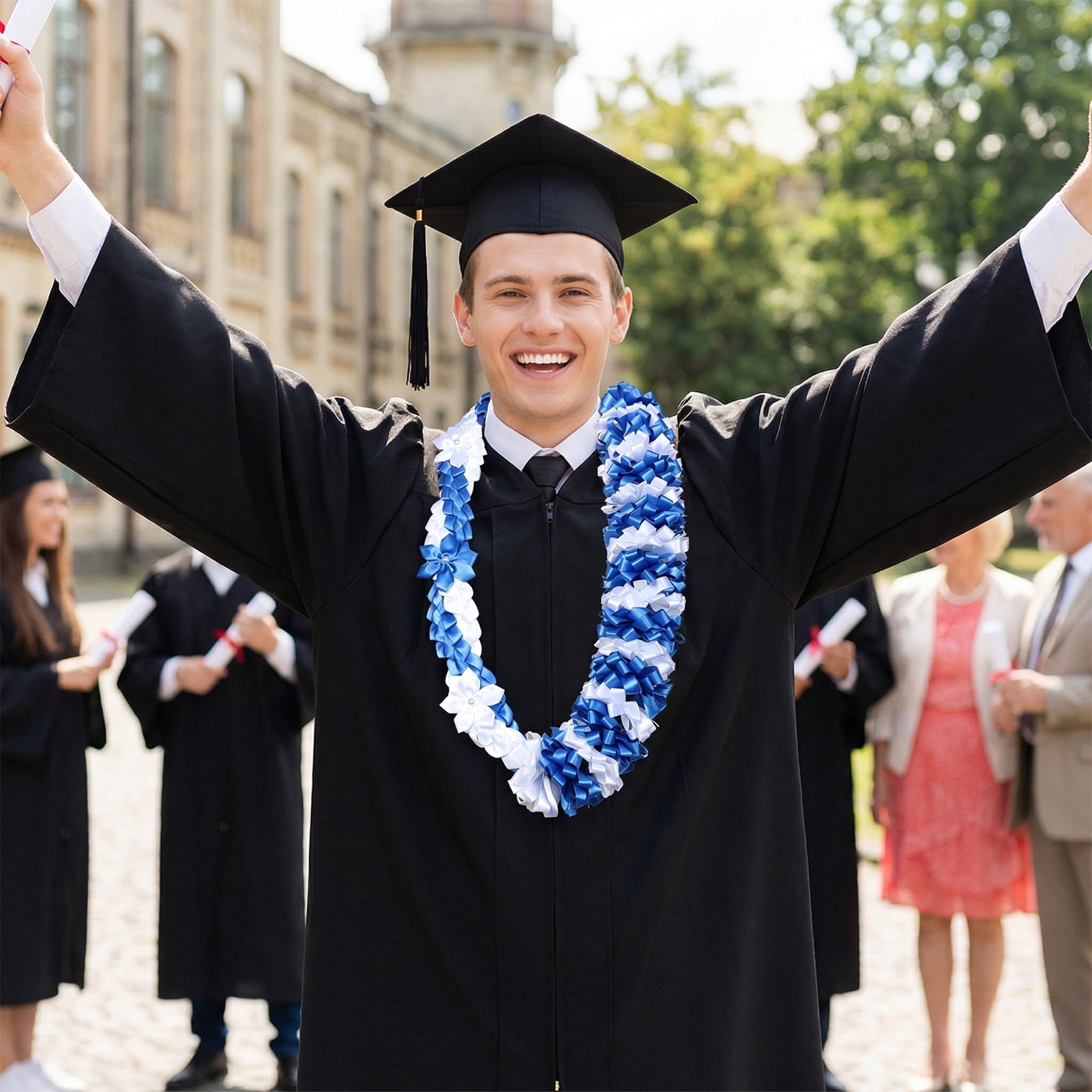Kicpot Graduation Leis Class of 2026 Grad Ribbon Leis Double Braided Necklace Hawaiian Flower Garland with Metal Graduation Cap Hanging Keepsake Ornament for Him Her Graduation Party Decorations