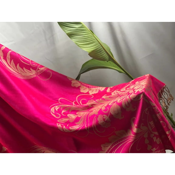 Vivid Hot Pink Pashmina Shawl with Gold Floral Embellishments – Glamorous Fringe Wrap