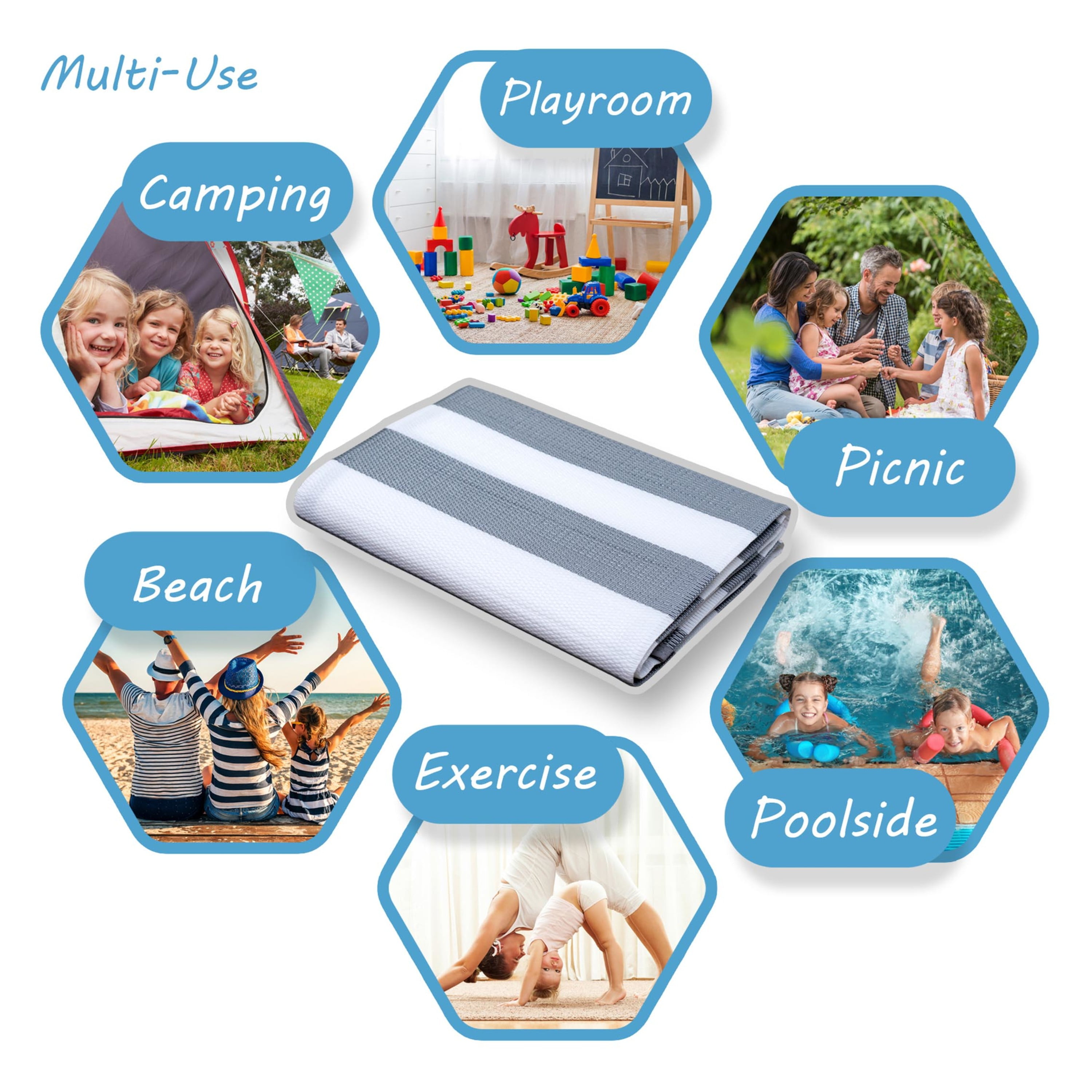 Luna Contemporary Stripe Gray and White Polypropylene Reversible Plastic Straw Outdoor Area Rug, 4' x 5'11'' Rectangle