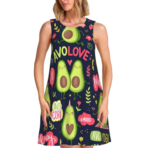 Fotbe Avocado Love Vestido de Verano sin Mangas para Mujer – Vestido Midi Línea A, Estilo Camiseta Floral, Vestido Playero Casual y Fluido