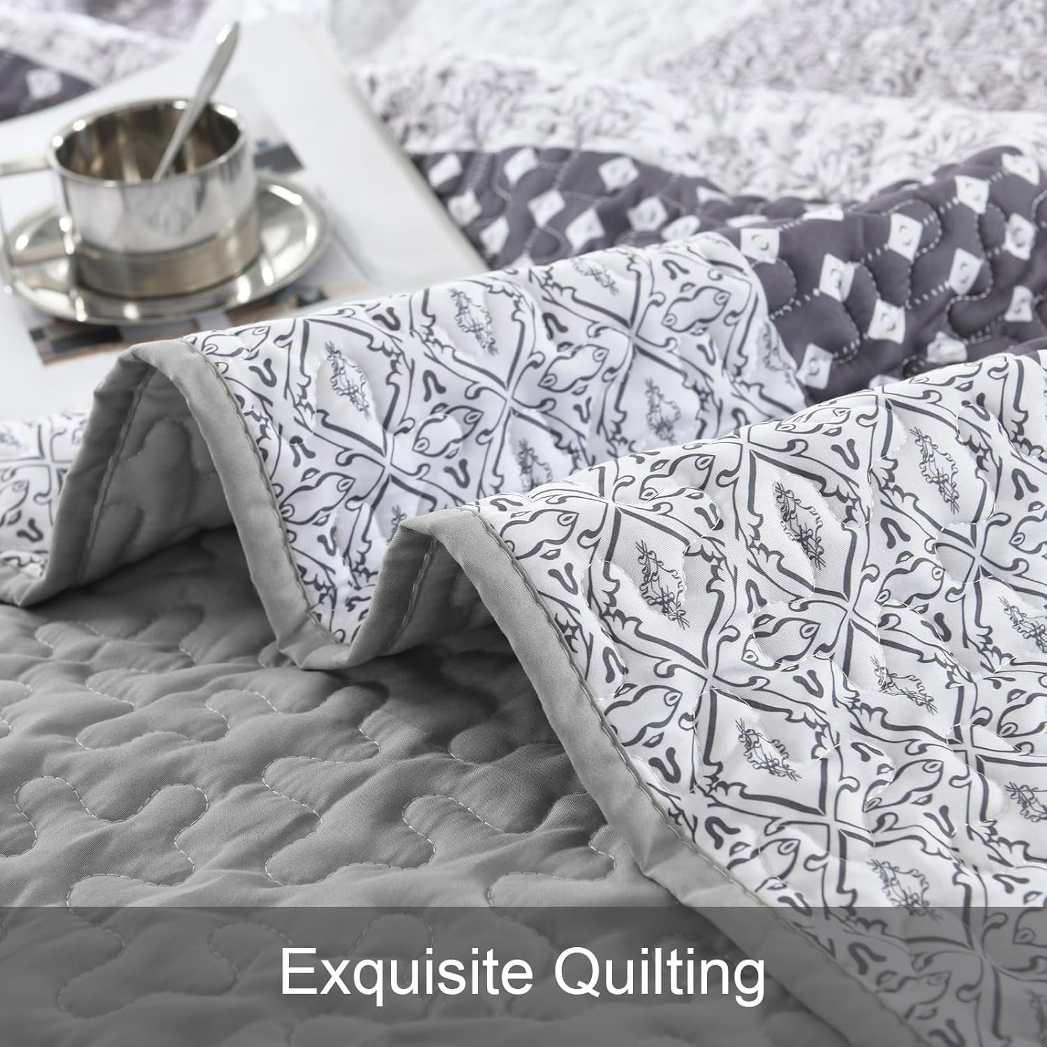 Grey Bohemian Stripe Quilt Set King Size 3 Pieces Bedspread Set Coverlet Bedding (104"x90")