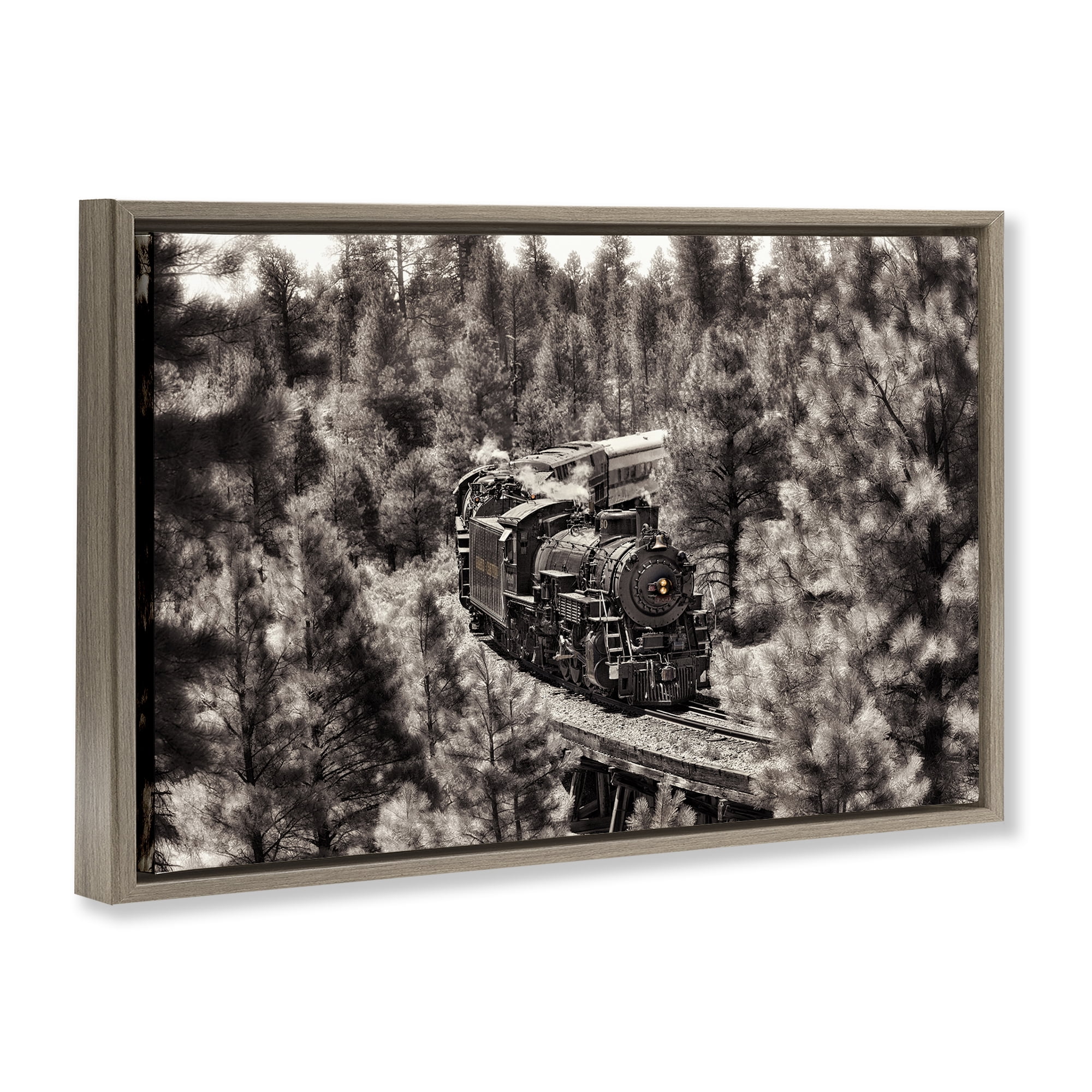 Stupell Industries Train on Curving Path Transportation Photography Brown Floater Framed Canvas Art Print Wall Art, 25 x 17