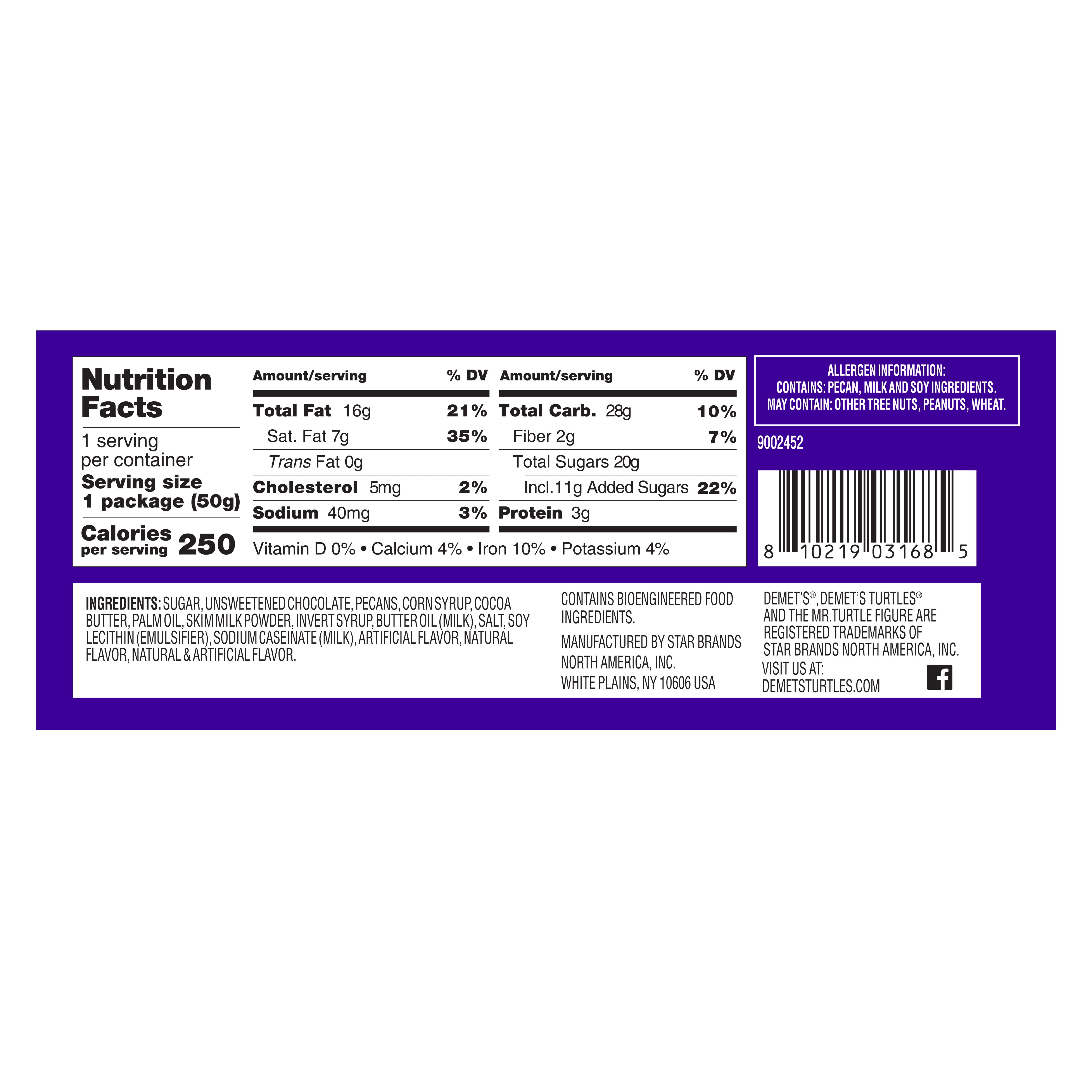 Demet's Turtles Dark Chocolate Caramel Pecan Clusters, 3 Piece Bar, 1.76oz