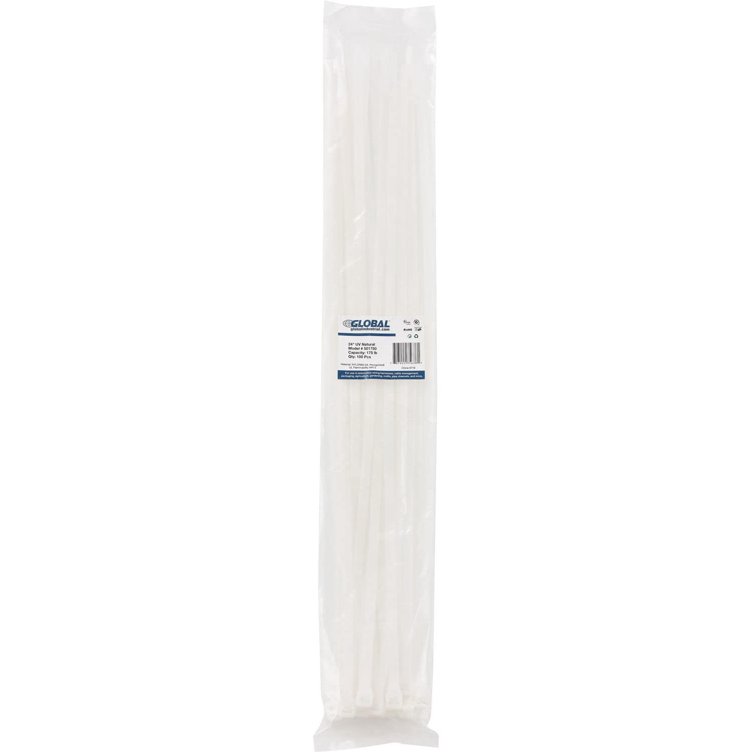 Global Industrial 24"" Cable Zip Ties Natural w/UV 175 lb 100 pack