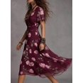 thumbnail image 3 of Womens Burgundy Floral Print V-Neck Short Sleeve Midi Dress, 3 of 7