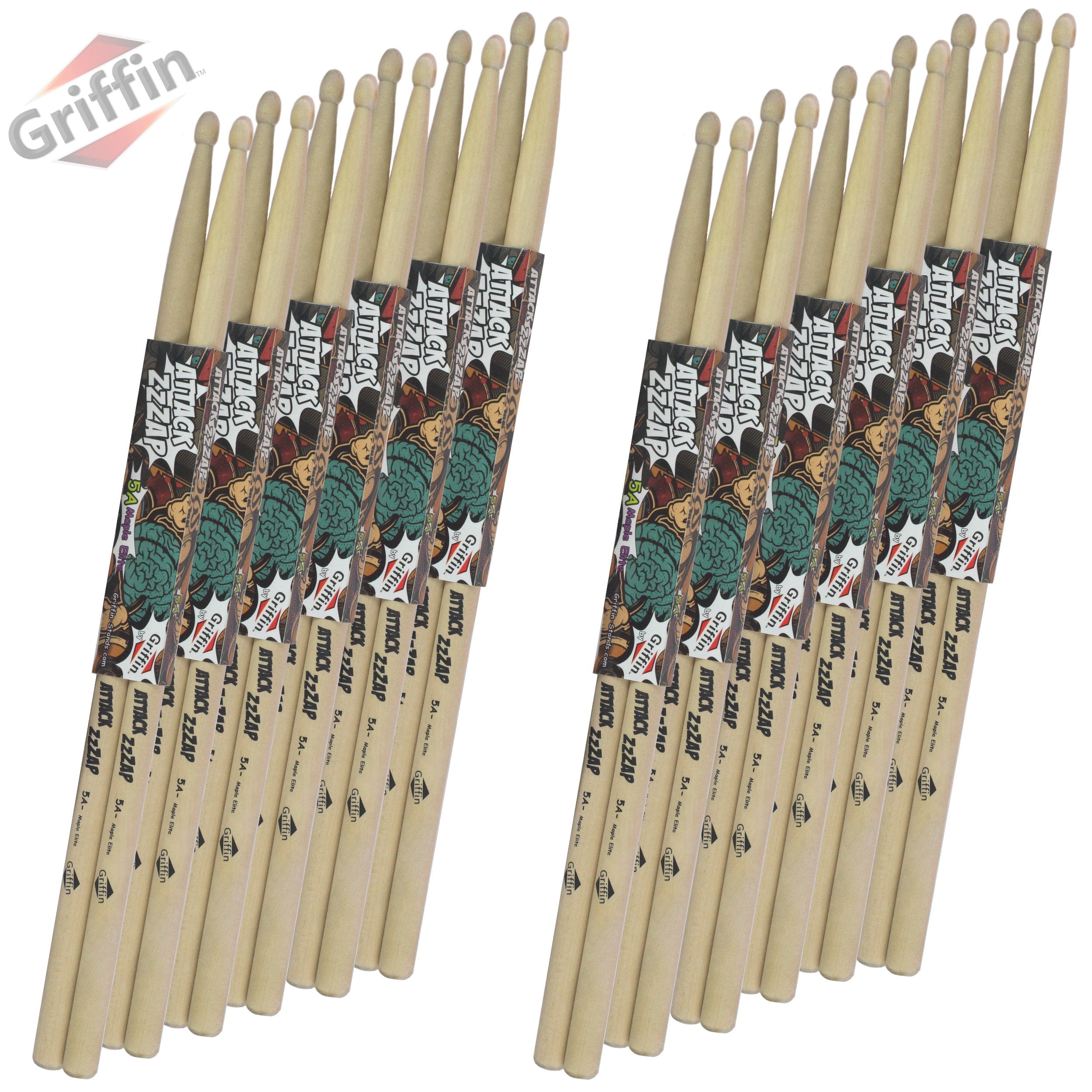 Griffin Elite Maple Wood Drum Sticks - 12 Pairs 5A Drumming Classic Raw Grit