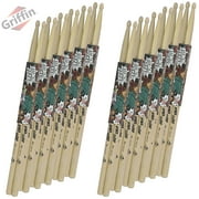 12 Pairs of Select Elite Maple Wood Drum Sticks by Griffin Attack Zzzap - Size 5A Balanced, Level and Straight - Drummers Percussion Classic Pure Grit Uncoated, Raw Wood Drumming Sticks