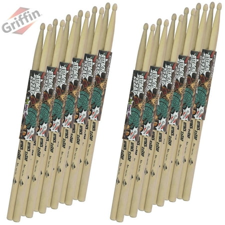 12 Pairs of Select Elite Maple Wood Drum Sticks by Griffin Attack Zzzap - Size 5A Balanced, Level and Straight - Drummers Percussion Classic Pure Grit Uncoated, Raw Wood Drumming Sticks
