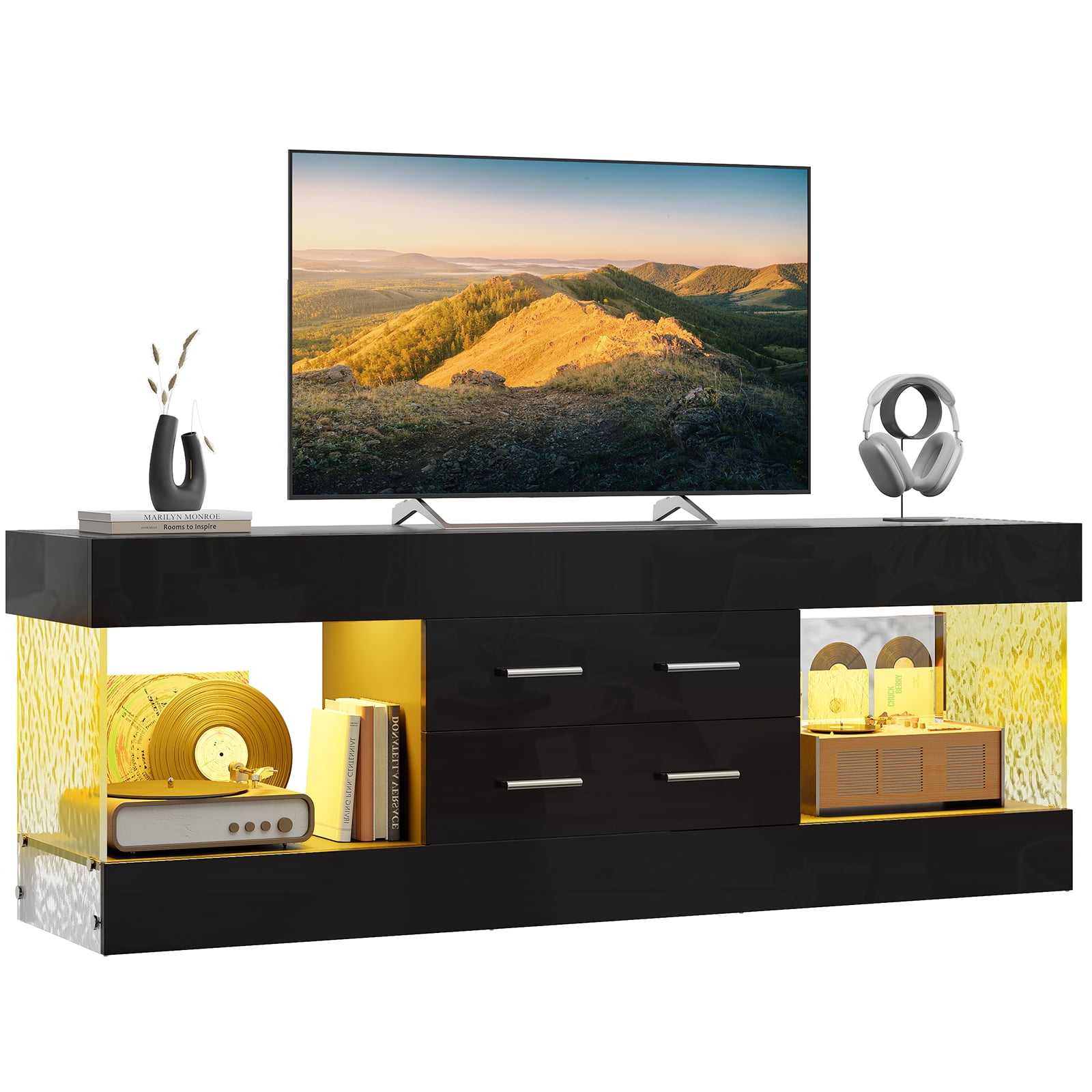 Bestier Black TV Stand for TVs up to 65", Modern High Gloss Entertainment Center for TVs with LED Light, TV Console Table with 2 Storage Drawers