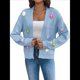thumbnail image 2 of Suéteres Tipo Cárdigan Cortos para Mujer, Estilo Bohemio, con Bordado Floral de Crochet, Suéter de Punto de Gran Tamaño con Abertura Frontal, Prendas de Vestir Exteriores. Azul L, 2 of 8