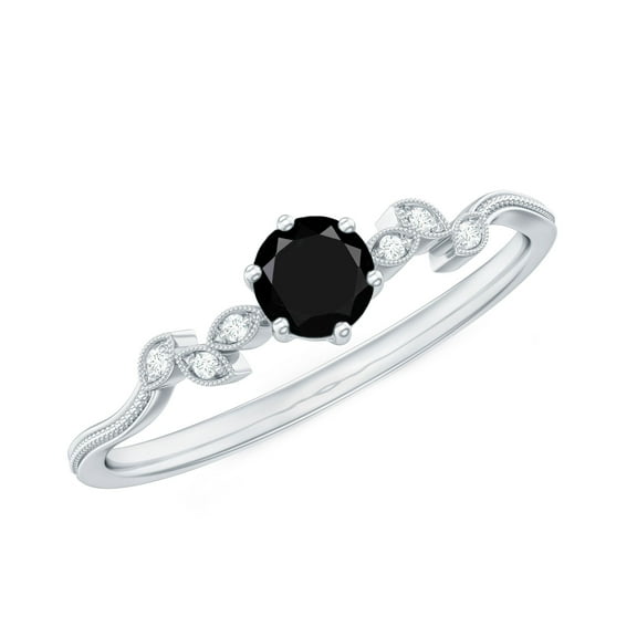 Rosec Jewels Nature Inspired Leaf Ring - Black Onyx Promise Ring with Diamond - AAA Grade, 925 Sterling Silver, US 4.00