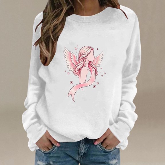 Nfurl Women's Breast Cancer Pink Ribbon Graphic Tee Shirts Long Sleeve Pullover Sweatshirts Breast Cancer Support Awareness Shirts White,M