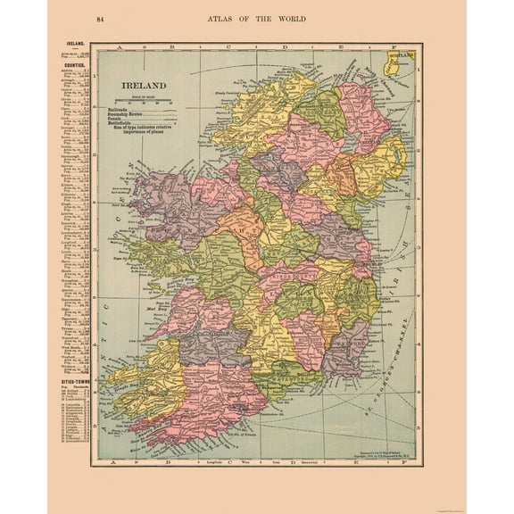 Historic Map - Ireland - Hammond 1910 - Vintage Wall Art